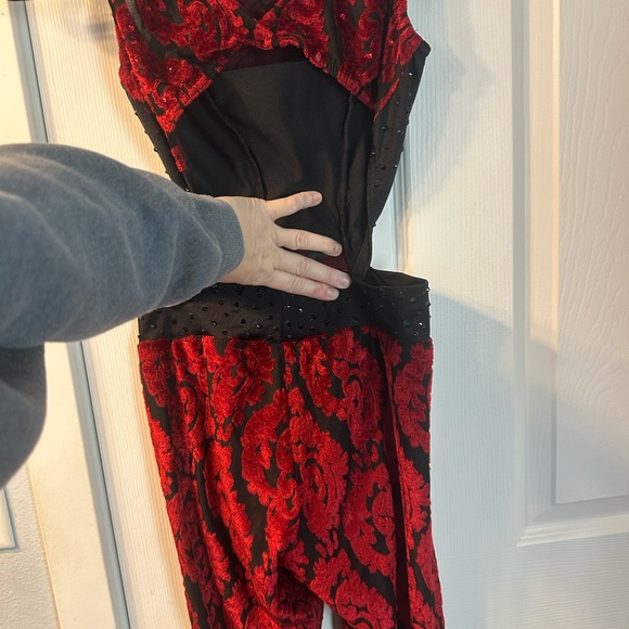 Reverence Bodysuit Dance costume. Black with red velour type pattern.  Size AS. - Picture 4 of 7